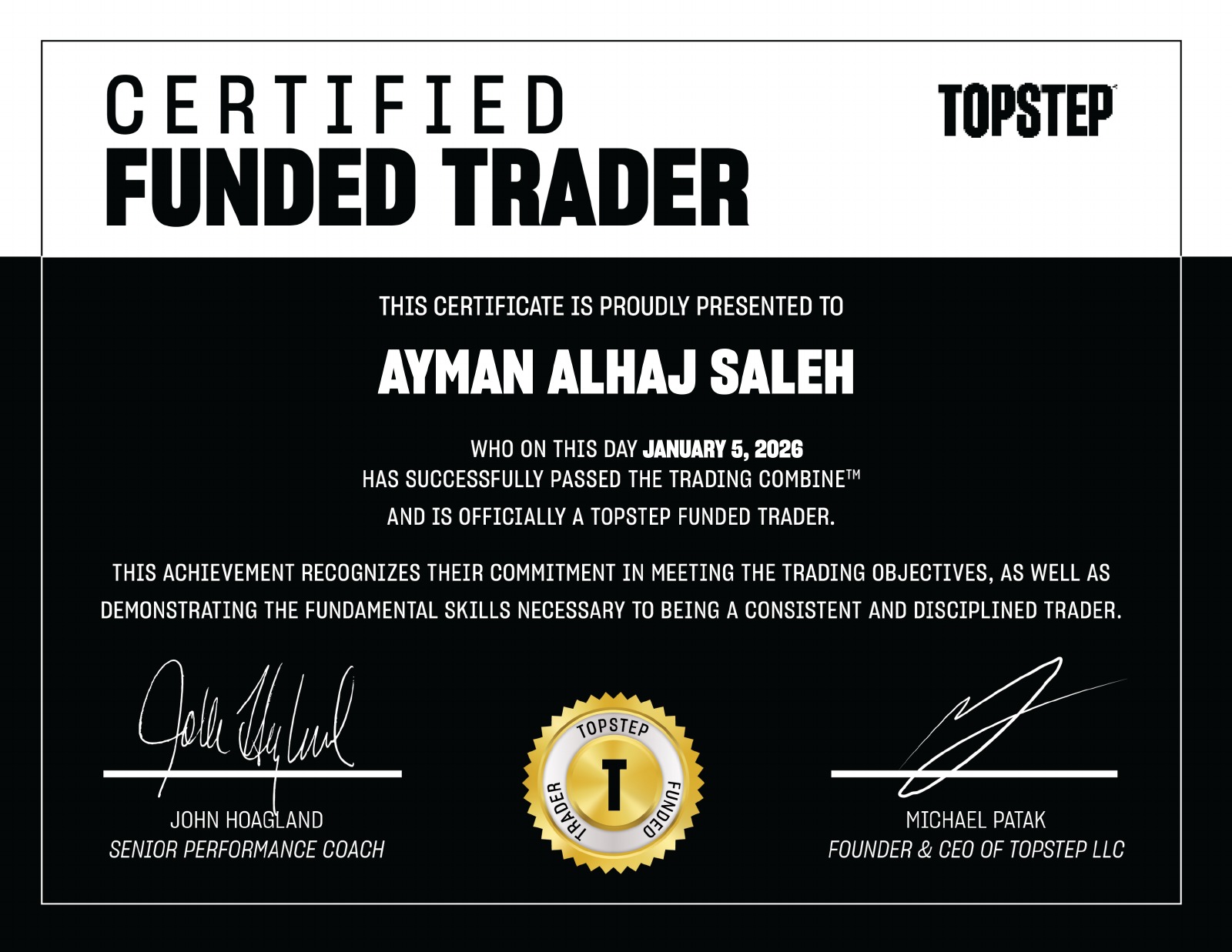 شهادة Funded Trader باسم Ayman Alhaj Saleh بتاريخ 5 يناير 2026