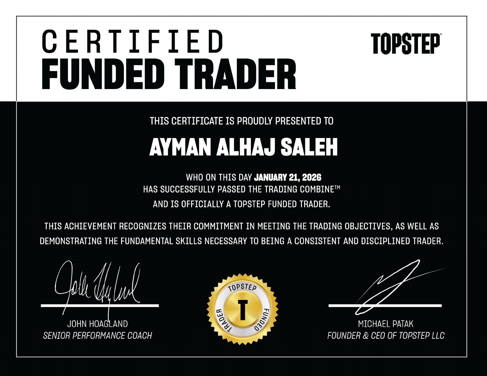 شهادة Funded Trader باسم Ayman Alhaj Saleh بتاريخ 21 يناير 2026