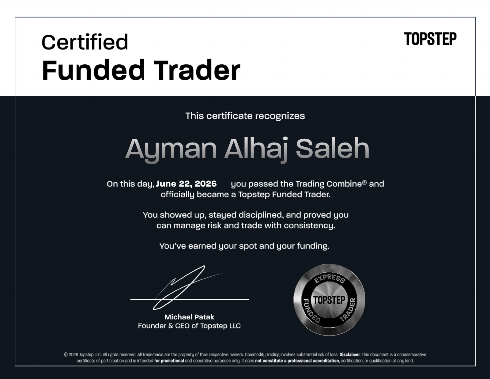 شهادة Funded Trader باسم Ayman Alhaj Saleh بتاريخ 22 يونيو 2026