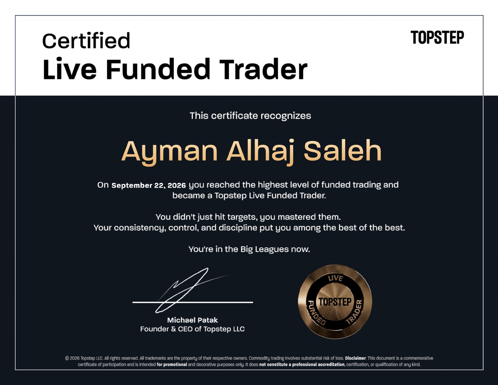 شهادة Topstep باسم Ayman Alhaj Saleh للوصول إلى Live Funded Trader بتاريخ 22 سبتمبر 2026